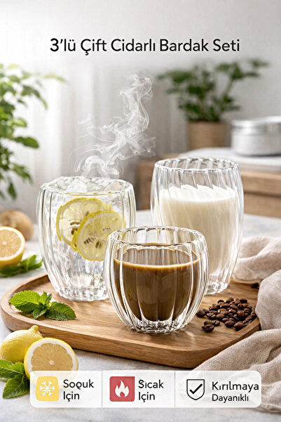 Tilbe Home Set of 3 Double Walled Twisted Crystal Glass Cup Tea Milk Coffee C...