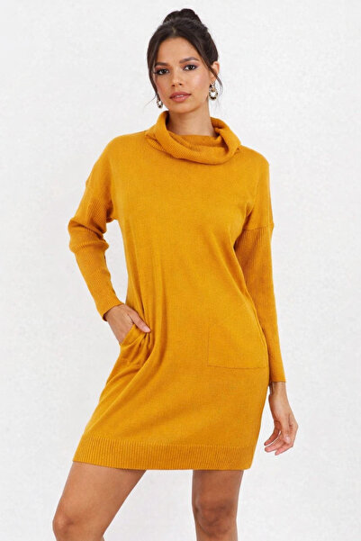 Be Best Women's Mustard Degaje Collar Mini Knit Dress Be286