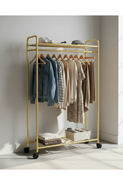 metaliz consept Tekerli Modern Metal Elbise Askılığı - Katlı Raflı Portatif G...