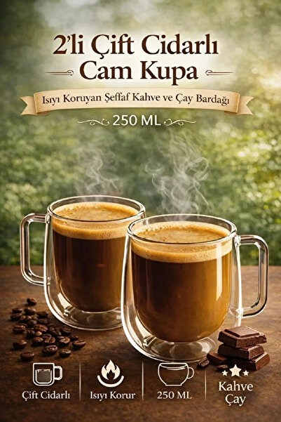 Tilbe Home Set of 2 Double Walled Cups 250ml Home Office Teacup Coffee Presen...