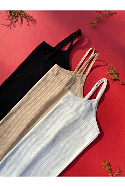 VicTroy Cotton 3-Piece Rope Strap Tan, Black and Ecru Report Ribbed Women's T...