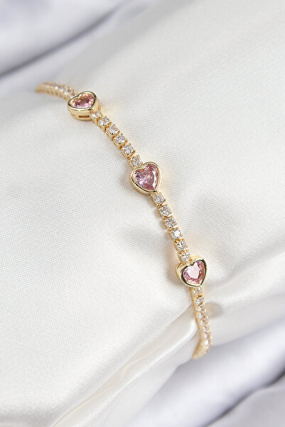 Skygo Brass Zircon Stone Pink Heart Model Gold Color Women's Bracelet - Tj-Bb...