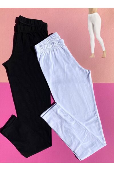 VicTroy Bilek Boy, 2'li Siyah ve Beyaz Renk Pamuklu Uzun Kadın Penye Tayt