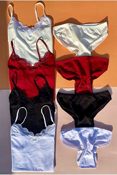 VicTroy 4 Adet Çeyizlik Dantelli Ip Askılı Pamuklu Atlet Ve Külot Takımı