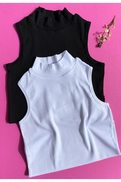 Ahmio Set de 2 camisole - Bluză elastică cu jumătate de gât și maieu alb-negru