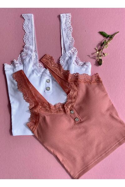 VicTroy Padded, Button Detailed Lace Strap-Cotton 2-Piece Dusty Rose and Whit...