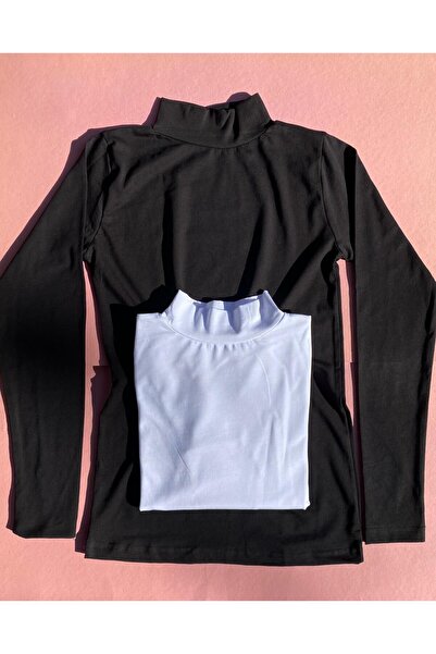 VicTroy طقم مكون من قطعتين باللونين الأبيض والأسود - بلوزة ليكرا ناعمة بياقة ...