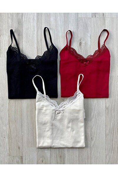 VicTroy 3 bucăți de cămașă de corp din bumbac cu curele din dantelă cu fundă ...