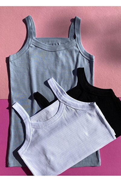 VicTroy Camisole Summer Cotton, Oval Collar, 3-Piece Black, Light Blue and Wh...