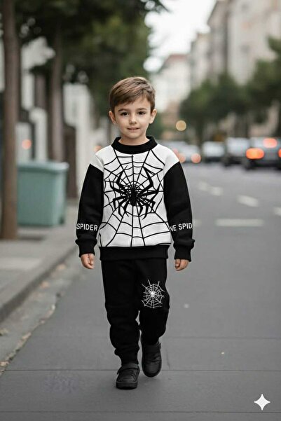 MİNİK MODA EVİ Boy's Black and White Spider Patterned Tracksuit Set – Sweatsh...