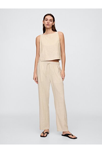 GAP Kadın Bej Mid Rise Keten Karışımlı Pull-On Pantolon