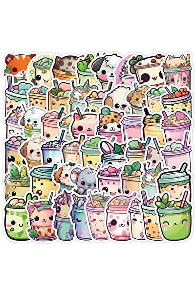 Choice 50pcs x2 50/100 Pcs Vinyl Cute Face Bubble Tea Cup Creative Stickers D...