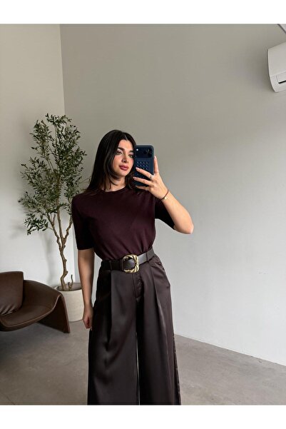 Bade Butik Καφέ μαλακή κοντομάνικη πλεκτή μπλούζα