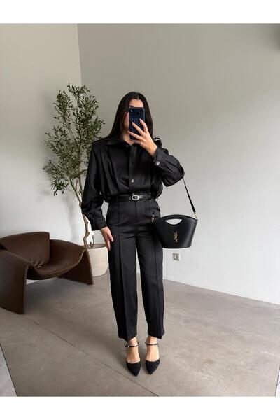 Bade Butik Set pantaloni negri cu detalii plisate și curea