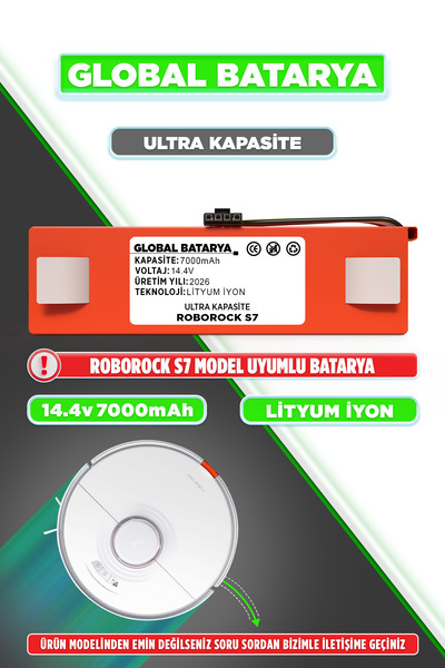 GLOBAL BATARYA Roborock S7 Uyumlu Akıllı Robot Süpürge Bataryası 14.4v 7000mA...