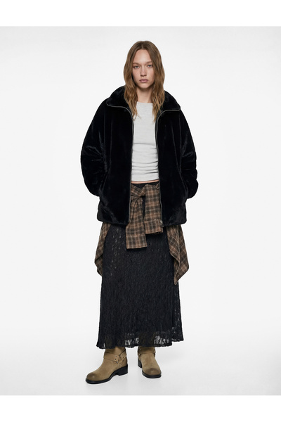 Koton Fermuarlı Cep Detaylı Dik Yaka Beli Lastikli Peluş Ceket