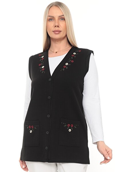 İKSUN Rose Embroidered Winter Thick Steel Knit Buttoned Pocketed Knitwear Mot...