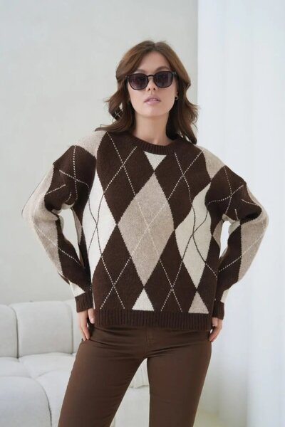 Park Karon Γυναικείο πλεκτό πουλόβερ με λαιμόκοψη με σχέδιο μπακλαβά 8704Sw