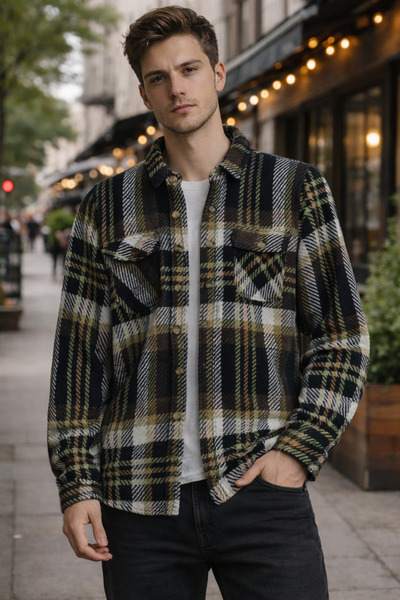 Le Marin Erkek Siyah Yeşil Oduncu Gömlek Cepli Kalın Kumaş