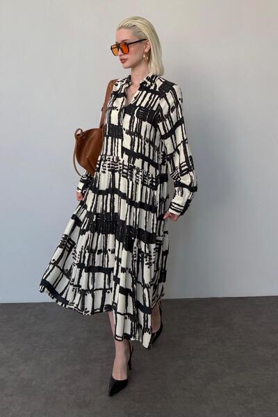 Madmext Ekru Uzun Kollu Düğmeli Desenli Elbise Mg2430