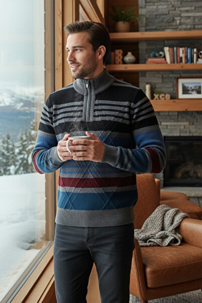 Ferraro Smoked Zippered Stand Collar 100% Lamb Wool Men's Sweater