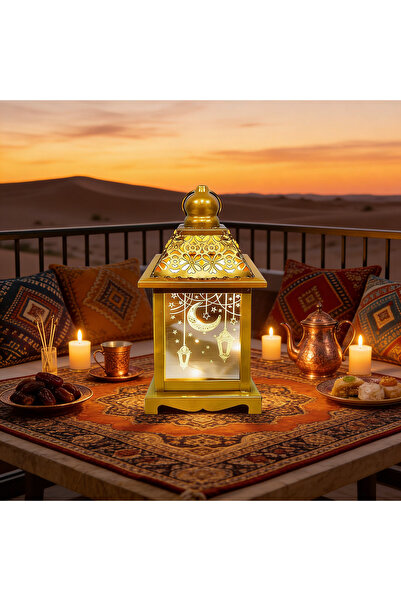 Yoawllty زينة رمضان، مصابيح LED بيضاء دافئة مقاس 8 بوصات، فانوس ذهبي مزخرف بن...