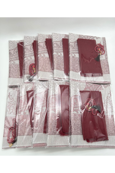 LenaToptan 10 Adet Bordo Seccade Flamlı Eşarp ve Tesbih Seti Hac Umre Mevlid ...