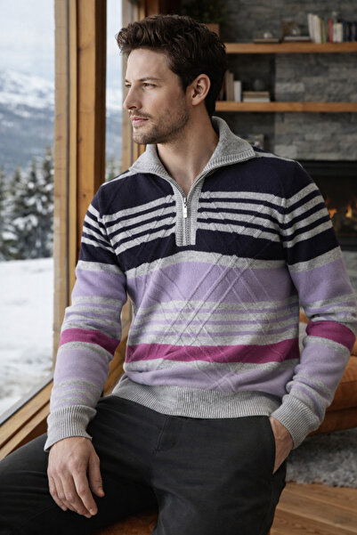 Ferraro A.Grey Zippered Stand Collar 100% Lamb Wool Men's Sweater