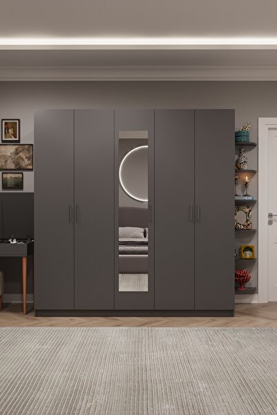 asratrend Asra Trend MDF 5 Kapaklı, 2 Çekmeceli, Aynalı Gardırop - 200x218x53...