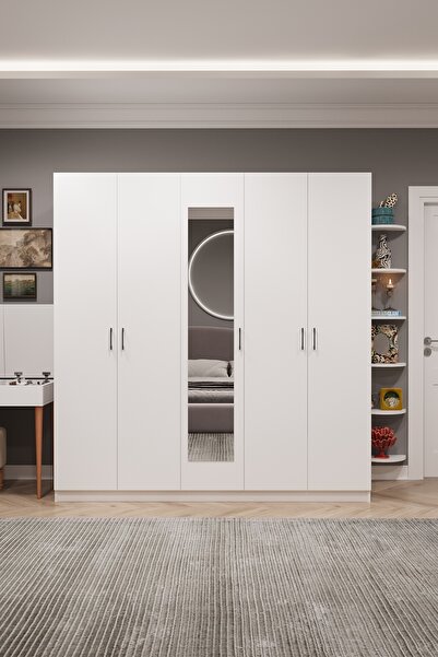asratrend Asra Trend MDF 5 Kapaklı, 2 Çekmeceli, Aynalı Gardırop - 200x208x53...