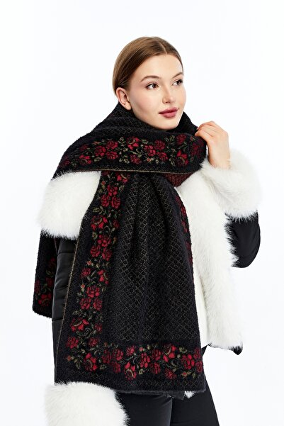 panşalço شال تريكو مميز من خيوط الكشمير بنقشة الورد، أسود-عنابي