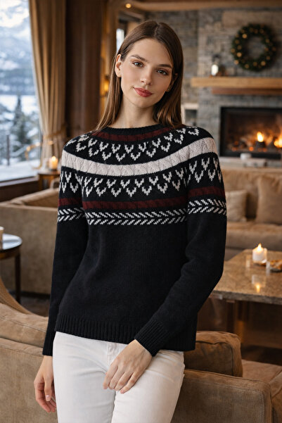 Ferraro Pulover de tricotat pentru femei, 100% lână de miel, cu model jacquar...