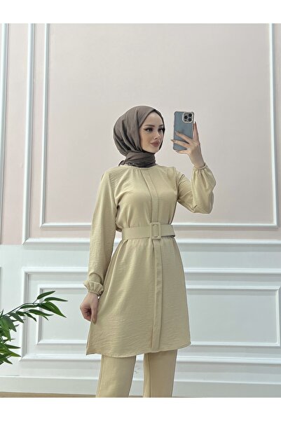 Esre Store طقم حجاب مزدوج بحزام باللون البيج