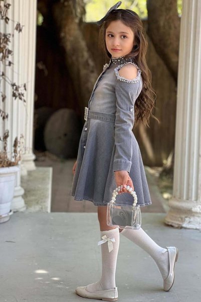 Riccotarz Girls' Gray Denim Dress with Stone Embroidery on the Shoulders and Collar