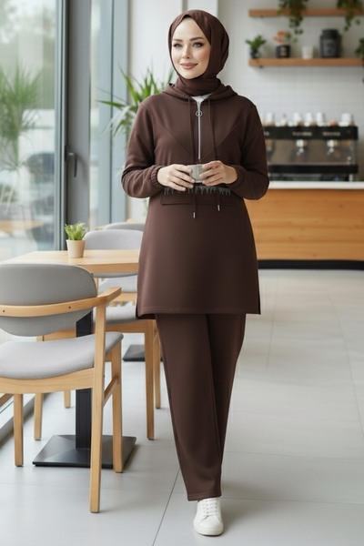 TOFİSA Stone Detailed Elastic Ankle Modal Two-Piece Set Brown - 1001-Brown