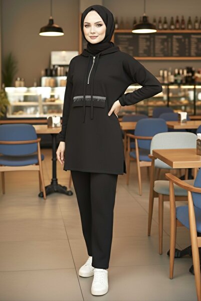 TOFİSA Stone Detailed Elastic Ankle Modal Two-Piece Suit Black - 1001-Black