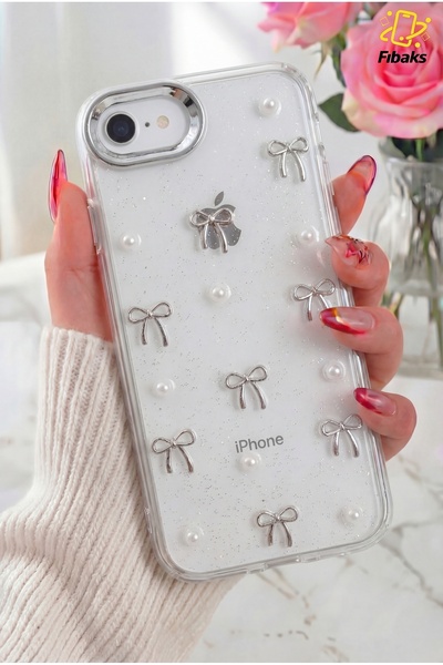 Fibaks iPhone 7/8/SE Kılıf Fiyonk Desenli Şeffaf Simli Gümüş Kamera Çıkıntılı...
