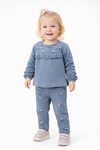 dinamik çocuk Kız Bebek Çiçek Nakışlı Likralı Esnek Alt Üst Kot 2'li Takım Ba...