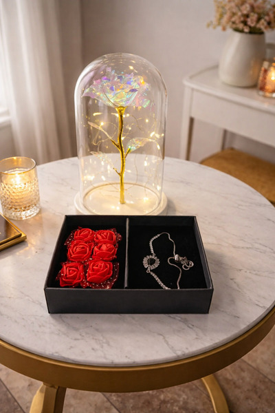 Glowdesigning Fanus İçerisinde Ledli Sonsuzluk Gülü - Kutu İçerisinde Bileklik