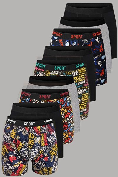 DeeAn Desenli Düz Karışık Erkek 9'lu Paket Pamuklu Boxer