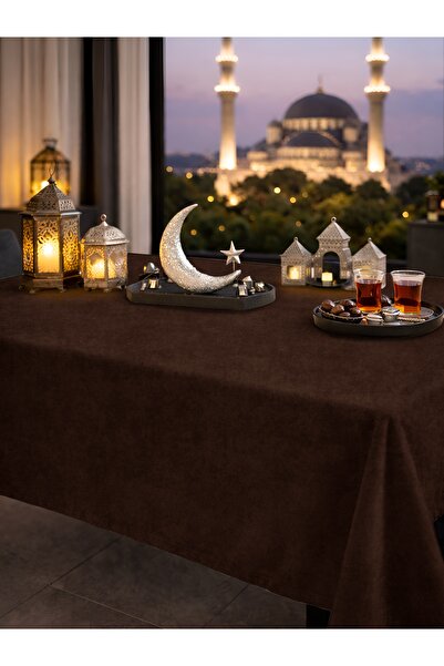 FAVOLLİ Kadife Dokulu Kahverengi Masa Örtüsü