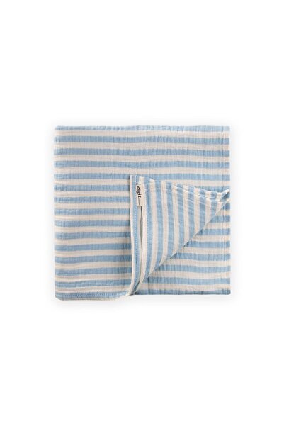 Cigit Naturel Organik Müslin Battaniye 90X100Cm Mavi Kalın Çizgili
