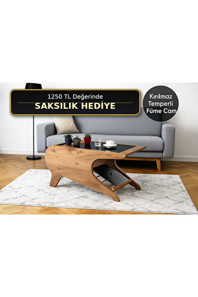 Tok-Co Geometrik Tasarımlı Kırılmaz Füme Camlı Ahşap Desenli Orta Sehpa & Der...