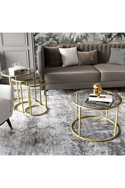 Dekoport Royal 75cm Zigon Ve Orta Sehpa Seti Mat Gold (ESKİTME) Metal - Tempe...