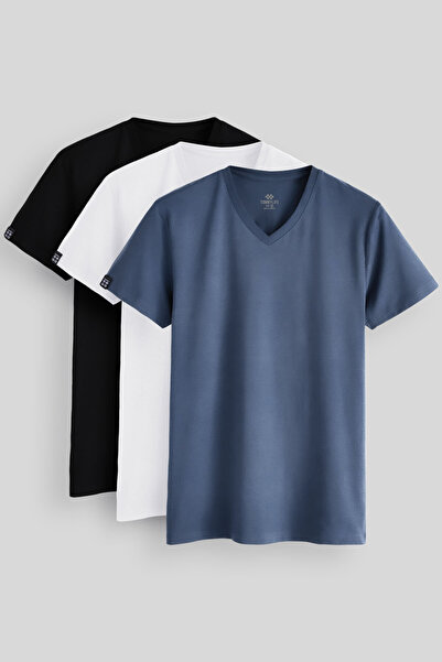 TOMMY LIFE Standart Fit Basic V Yaka 3lü Paket Siyah-Beyaz-Petrol Erkek T-Shi...