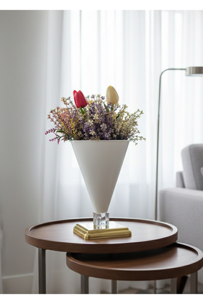 Decodelight Modern Dekoratif Kare Gold Ayaklı  Taşlı Beyaz Konik Büyük Salon ...