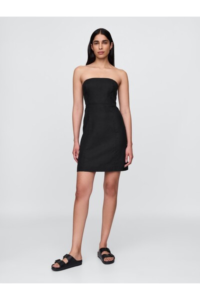 GAP Kadın Siyah Keten Karışımlı Mini Elbise