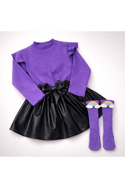 özge başaran Комплект кожена пола с панделка, лилаво бади и чорапи-6-9 месеца