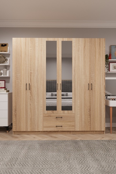 asratrend Asra Trend MDF 6 Kapaklı, 2 Çekmeceli, 2 Aynalı Gardırop - 240x218x...