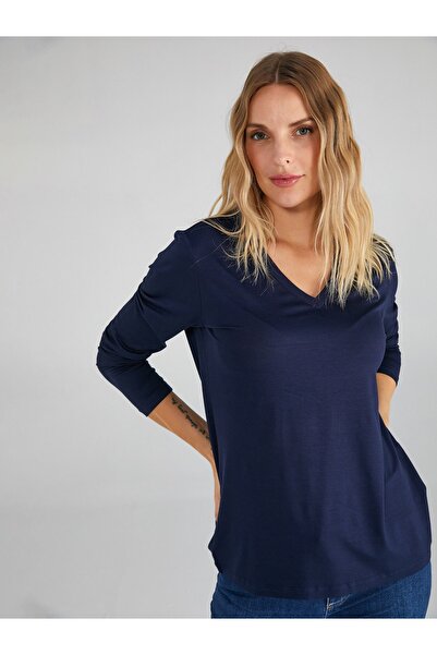 Faik Sönmez Kadın Oversize V Yaka Uzun Kol Minimalist T-Shirt